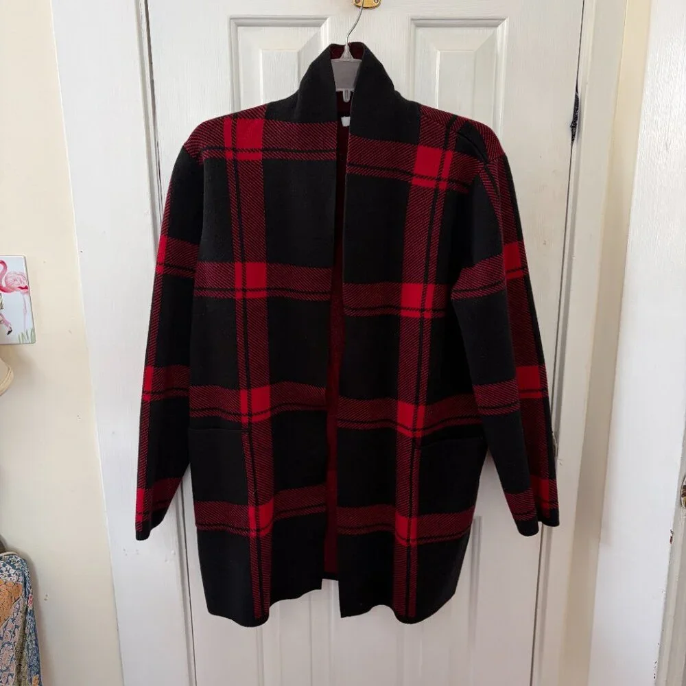 J.Jill Red & Black Buffalo Plaid Open Front Cardi - Size L - Picture 4 of 15